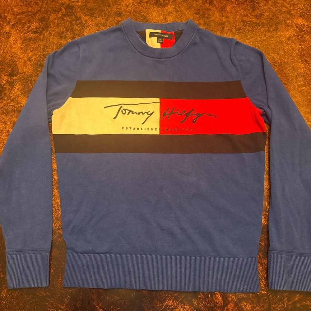 Tommy Hilfiger Blue Long Sleeve Crewneck with Red, Cream & Black Chest Stripe